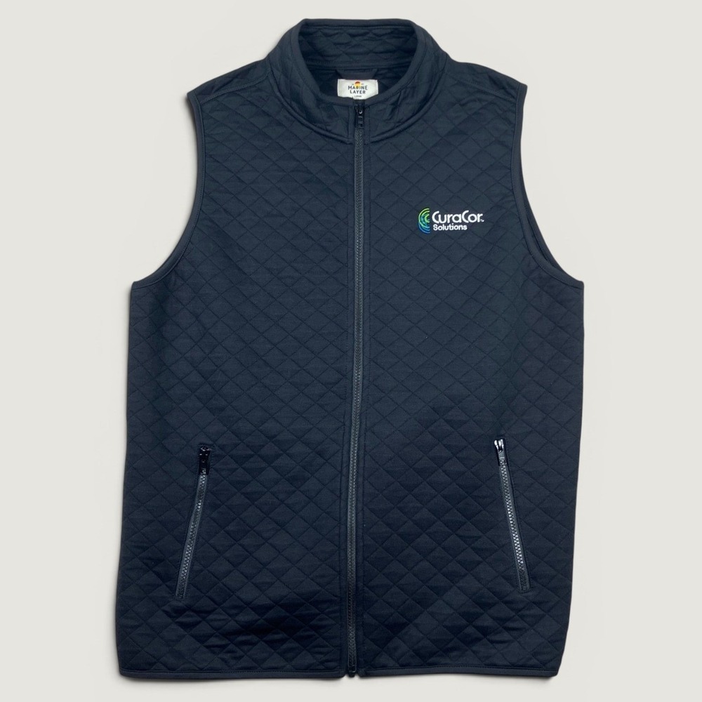 Marine Layer Mens Large Vest Black Quilted Full Zip CuraCor Solutions Logo